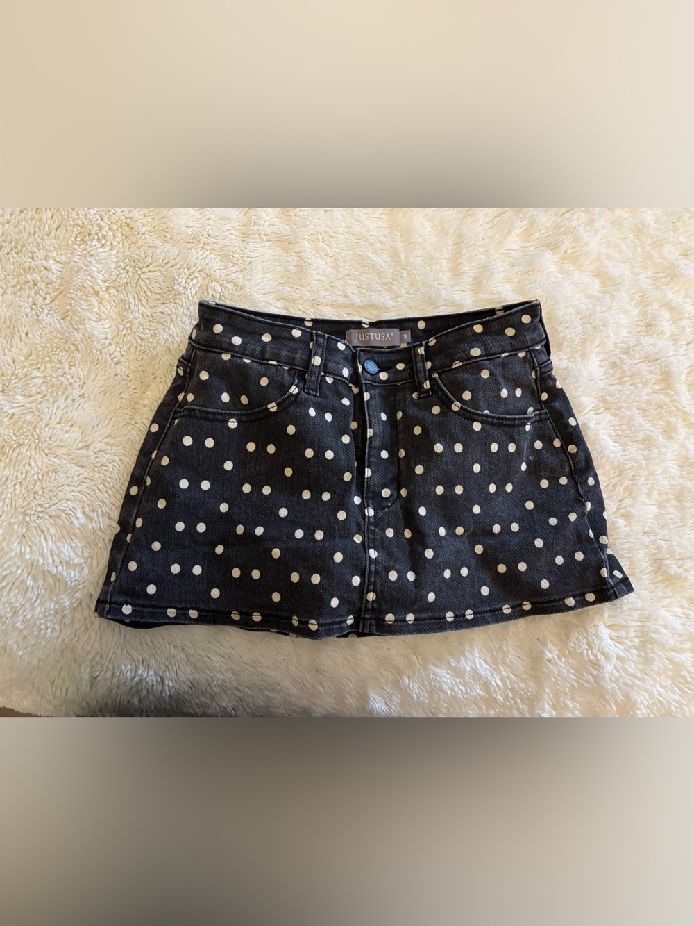 Just USA Black White Polka Dots, Denim Mini Skirt with Shorts , Small